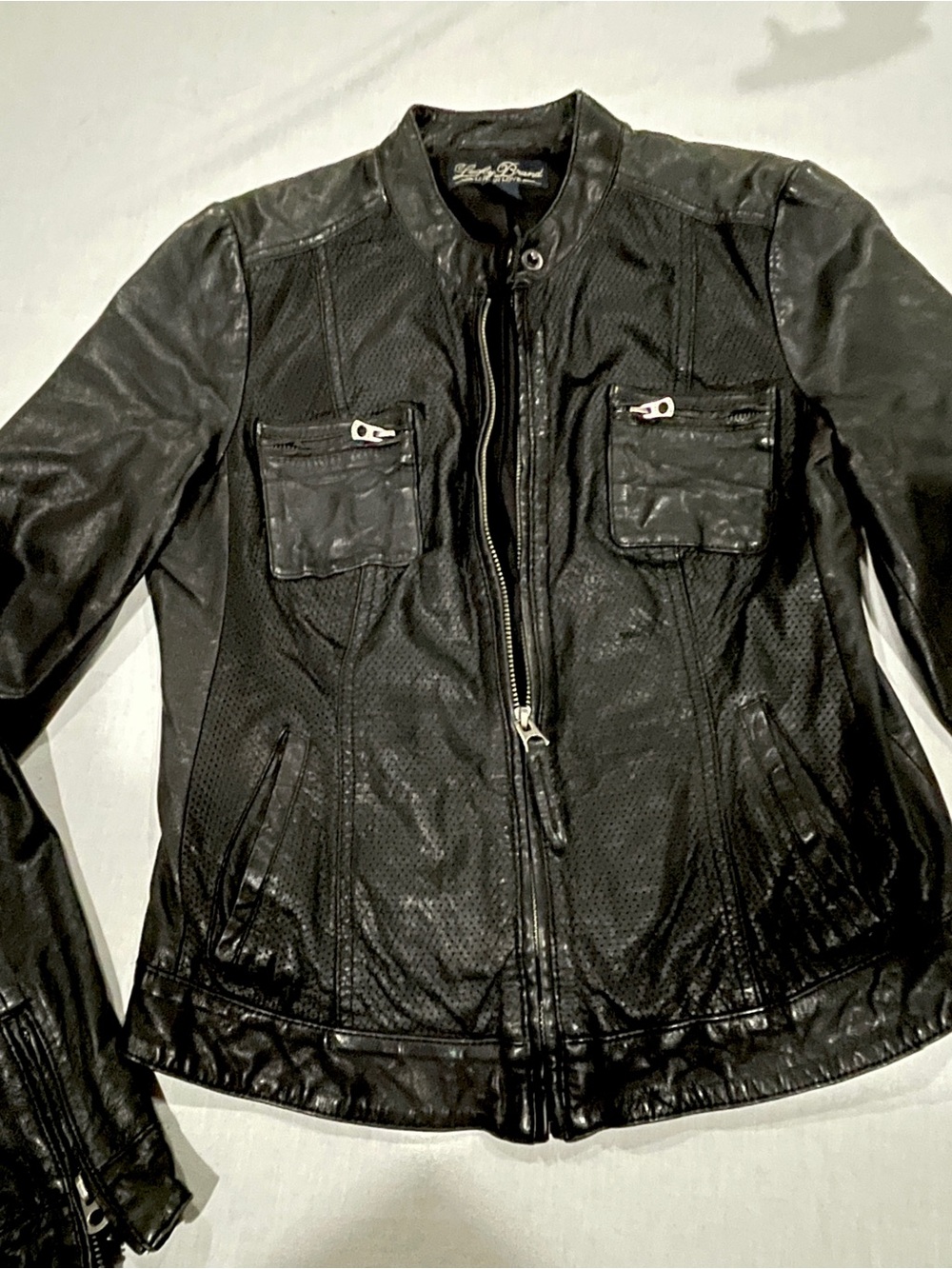 Women’s Black Genuine Lamb Leather Perforated, Fitted, Lined Jacket, w/Zippers